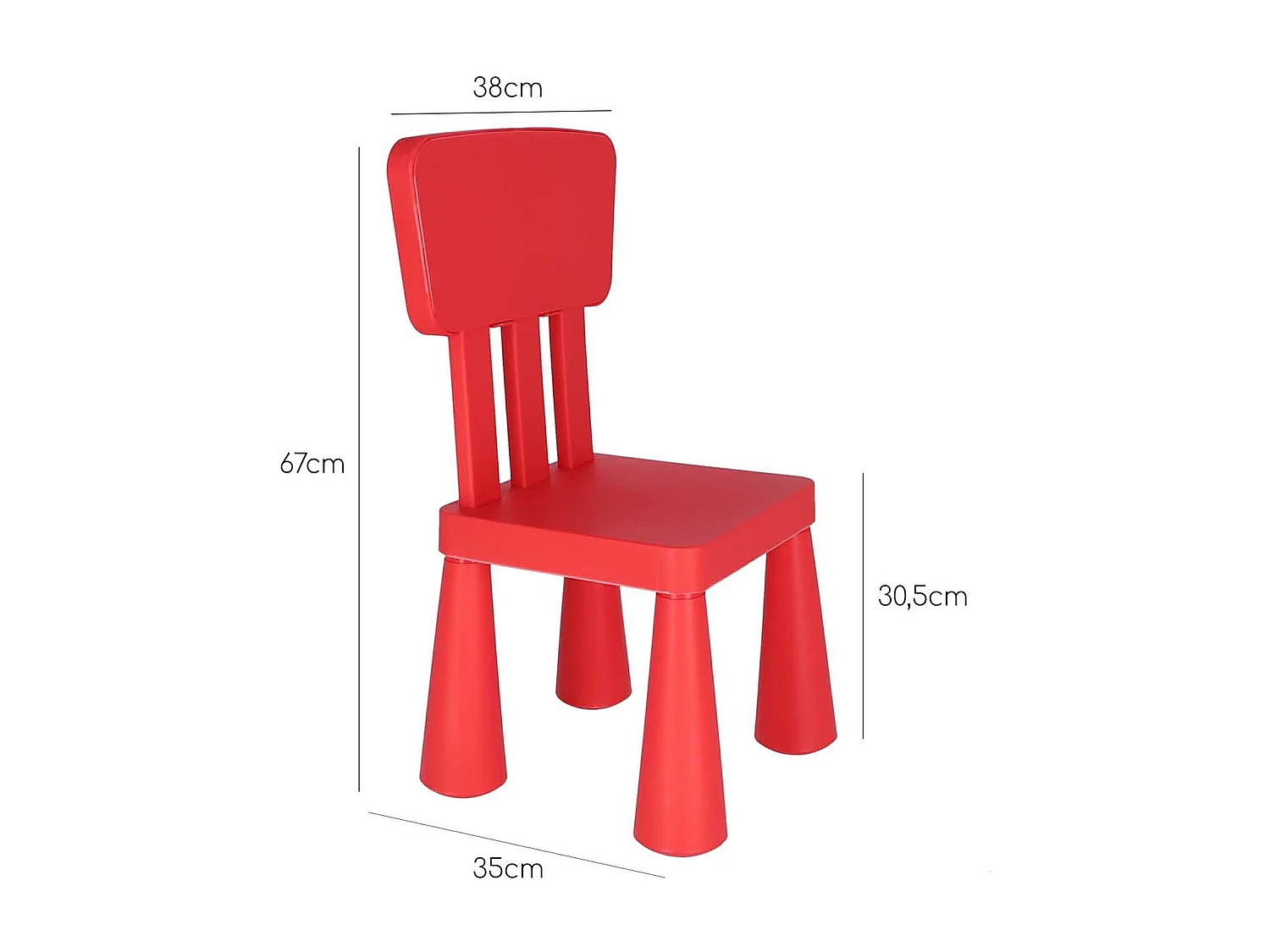 Chaise d'enfant rouge en plastique robuste, L:38 cm x F:35 cm x H:67 cm