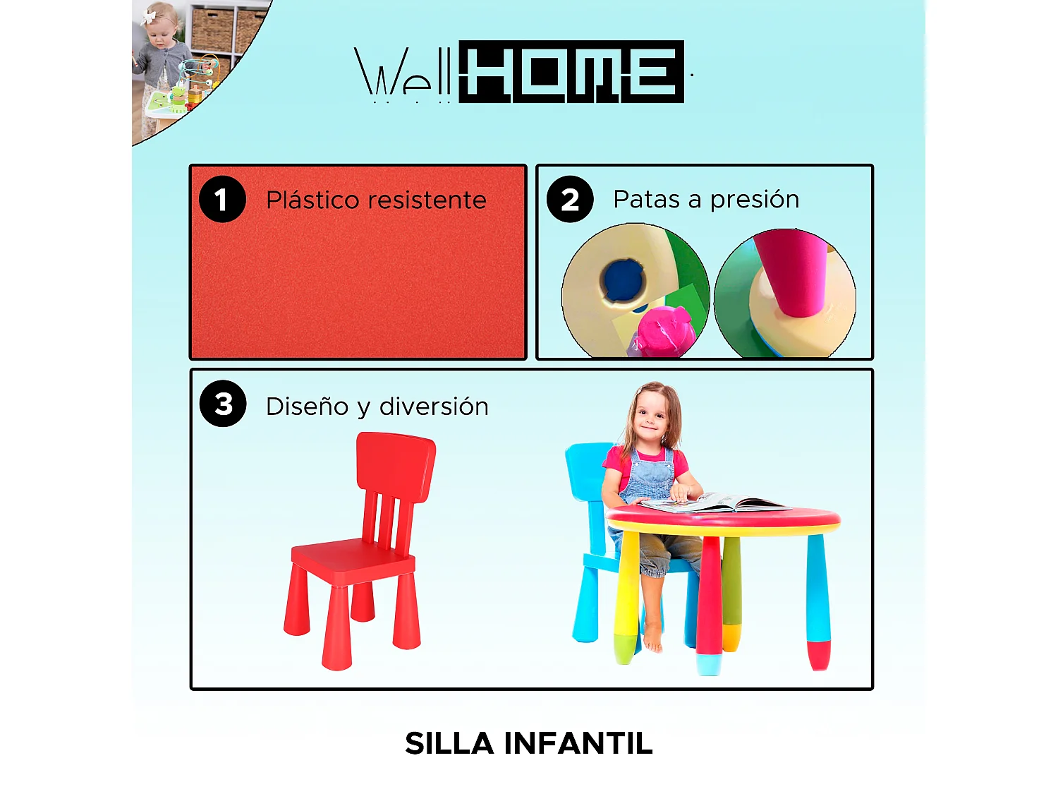 Chaise d'enfant rouge en plastique robuste, L:38 cm x F:35 cm x H:67 cm