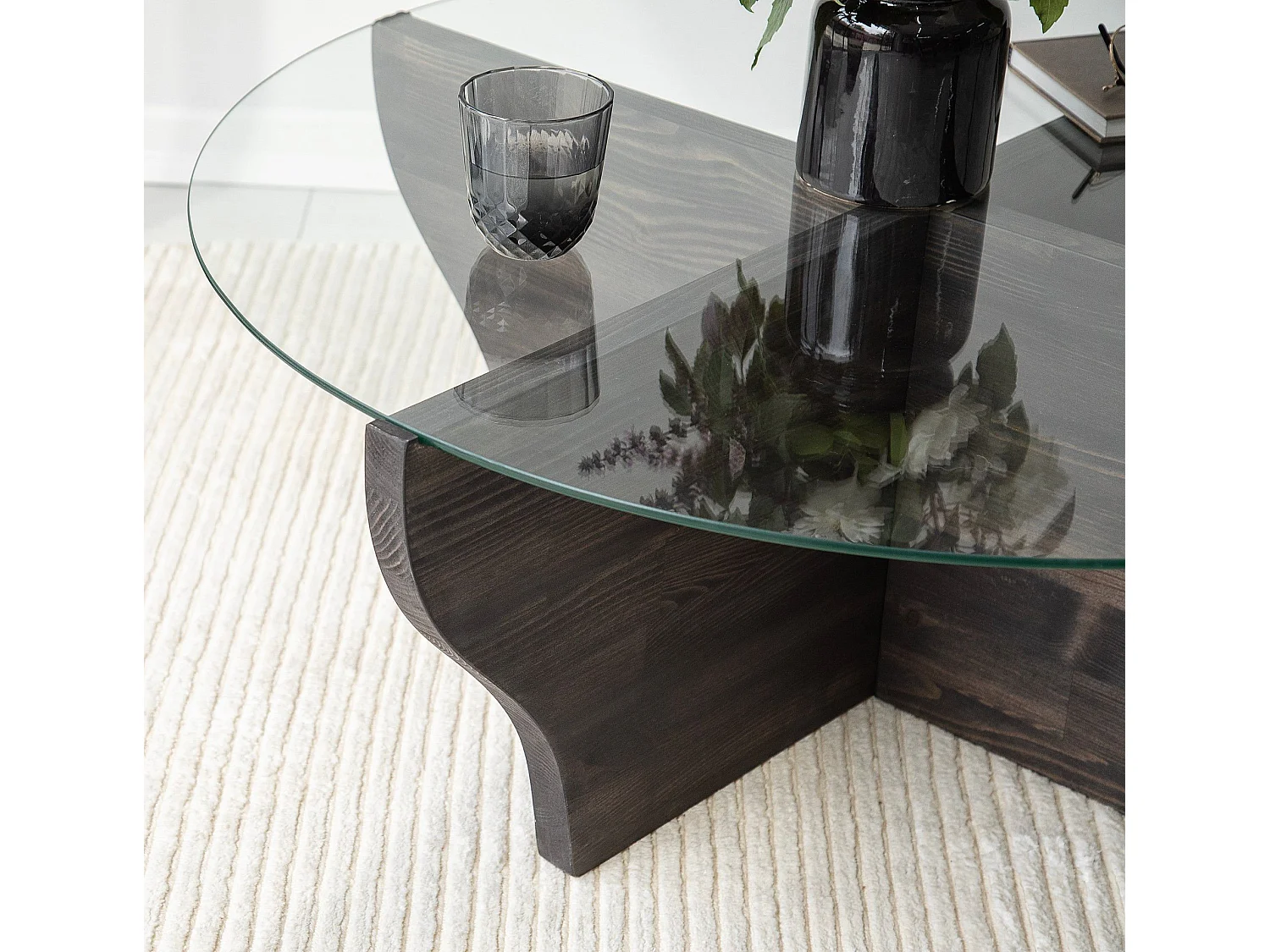 Table basse design ronde Rozine D92cm Bois massif Anthracite et Verre Transparent