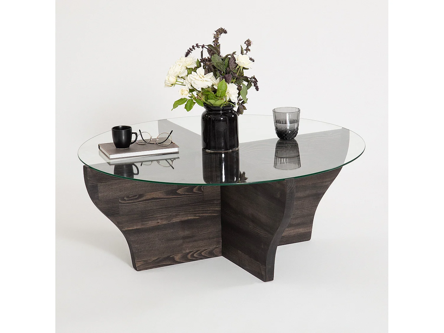 Table basse design ronde Rozine D92cm Bois massif Anthracite et Verre Transparent