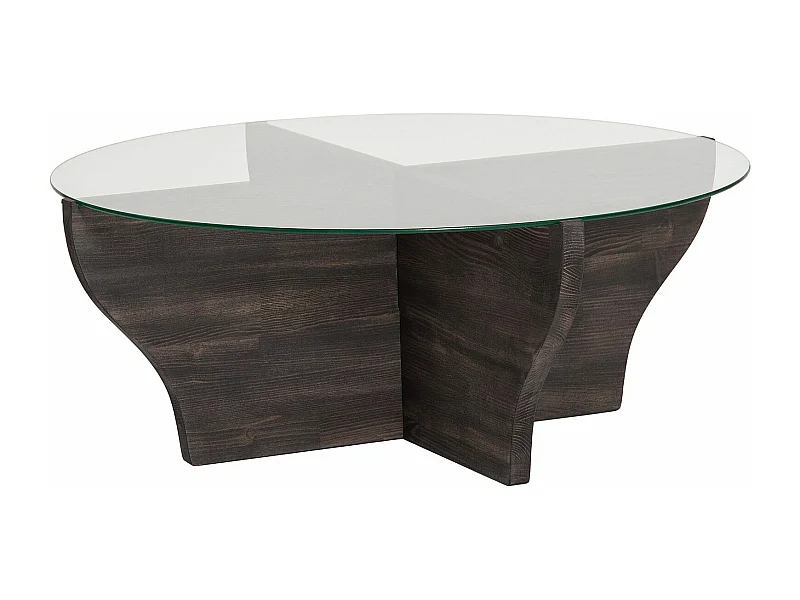 Table basse design ronde Rozine D92cm Bois massif Anthracite et Verre Transparent