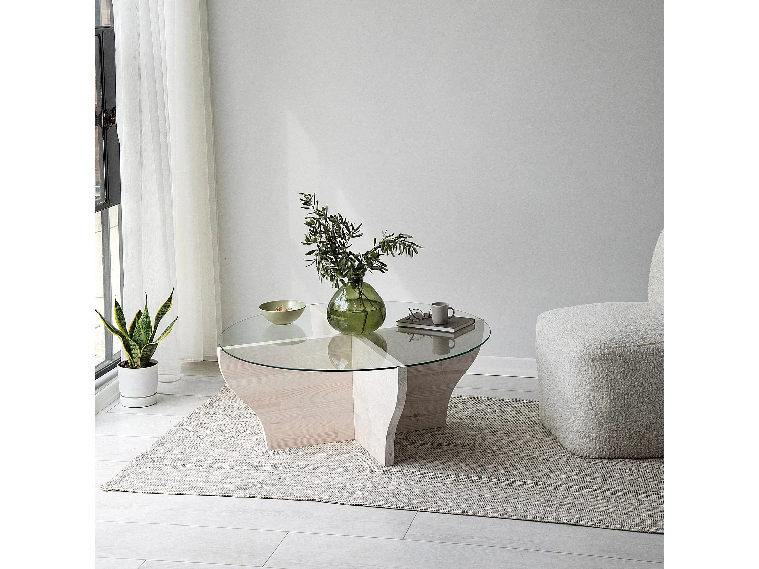 Table basse design ronde Rozine D92cm Bois massif Blanc et Verre Transparent