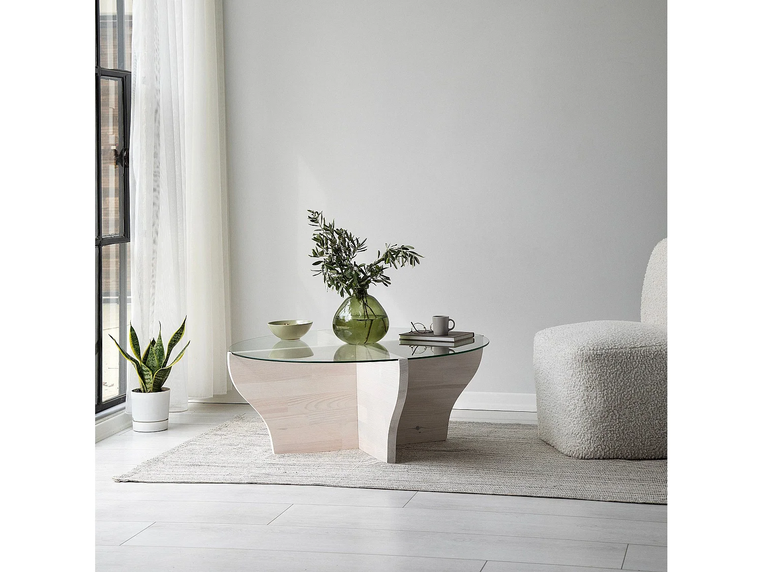 Table basse design ronde Rozine D92cm Bois massif Blanc et Verre Transparent