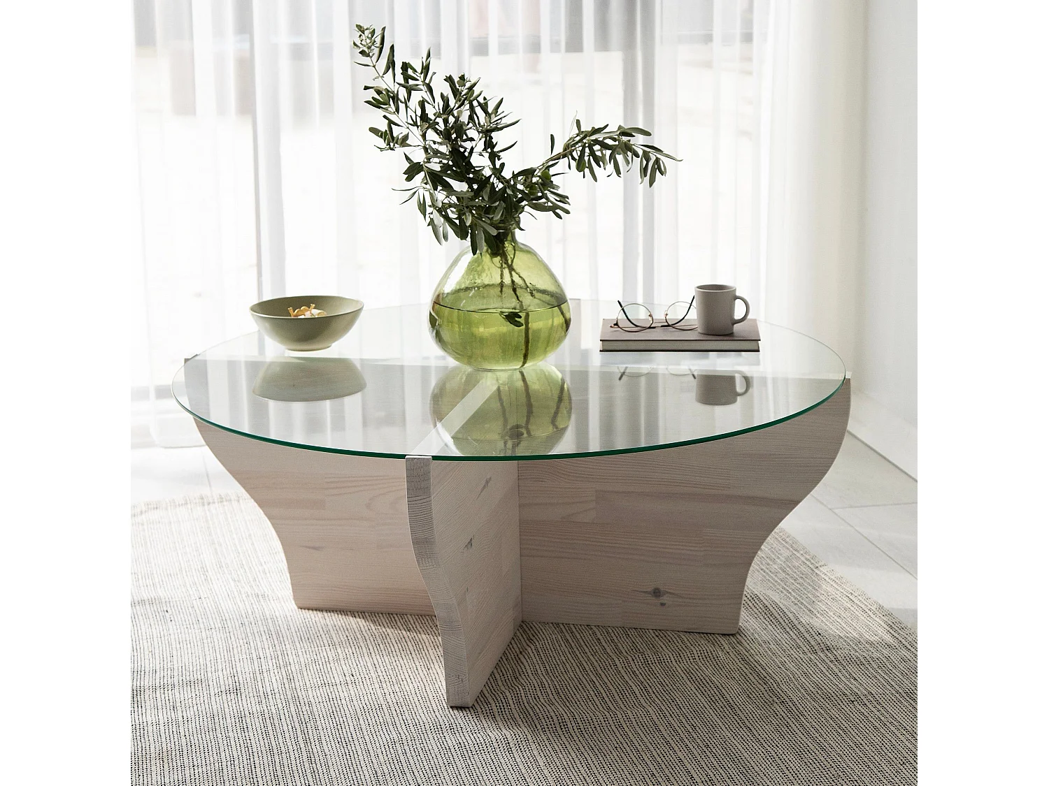 Table basse design ronde Rozine D92cm Bois massif Blanc et Verre Transparent
