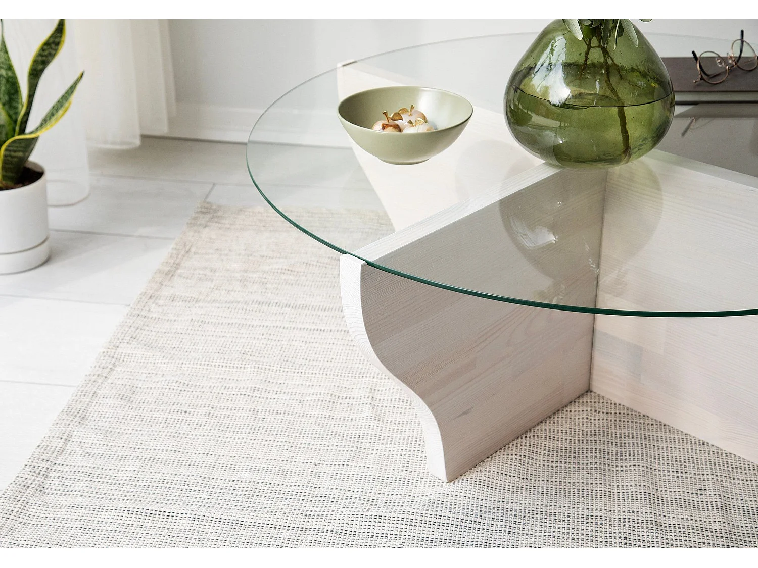 Table basse design ronde Rozine D92cm Bois massif Blanc et Verre Transparent