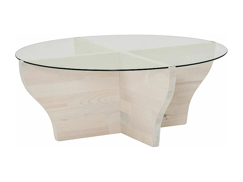 Table basse design ronde Rozine D92cm Bois massif Blanc et Verre Transparent