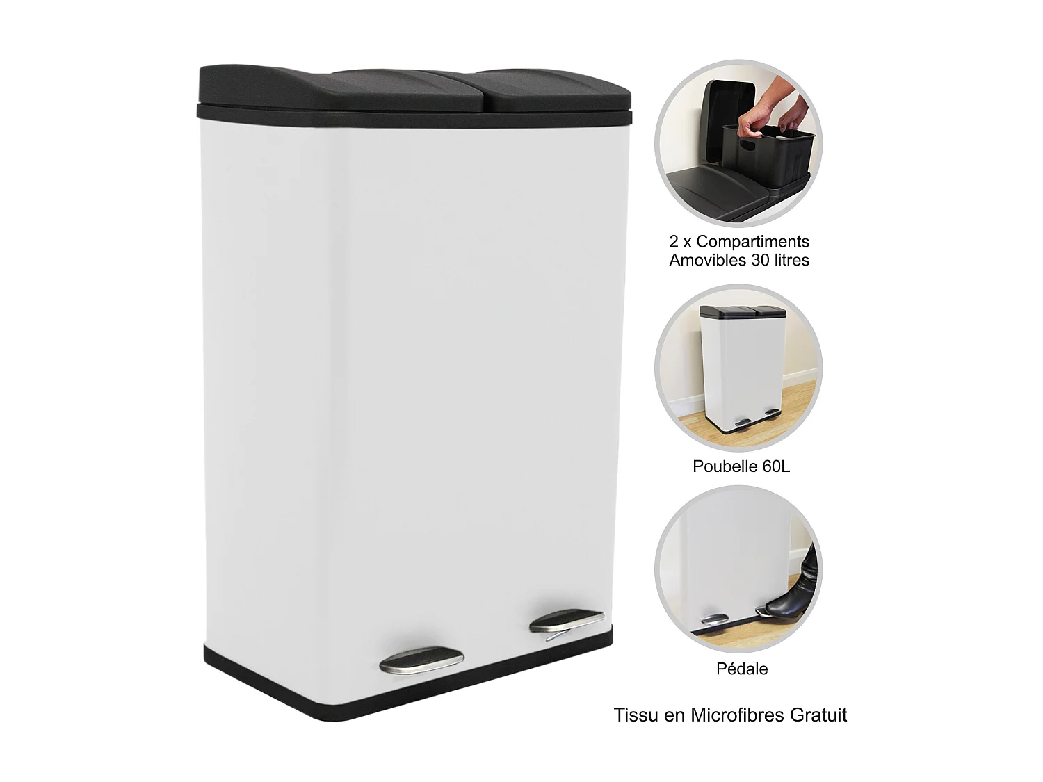 Poubelle de Recyclage 60L Double Blanche