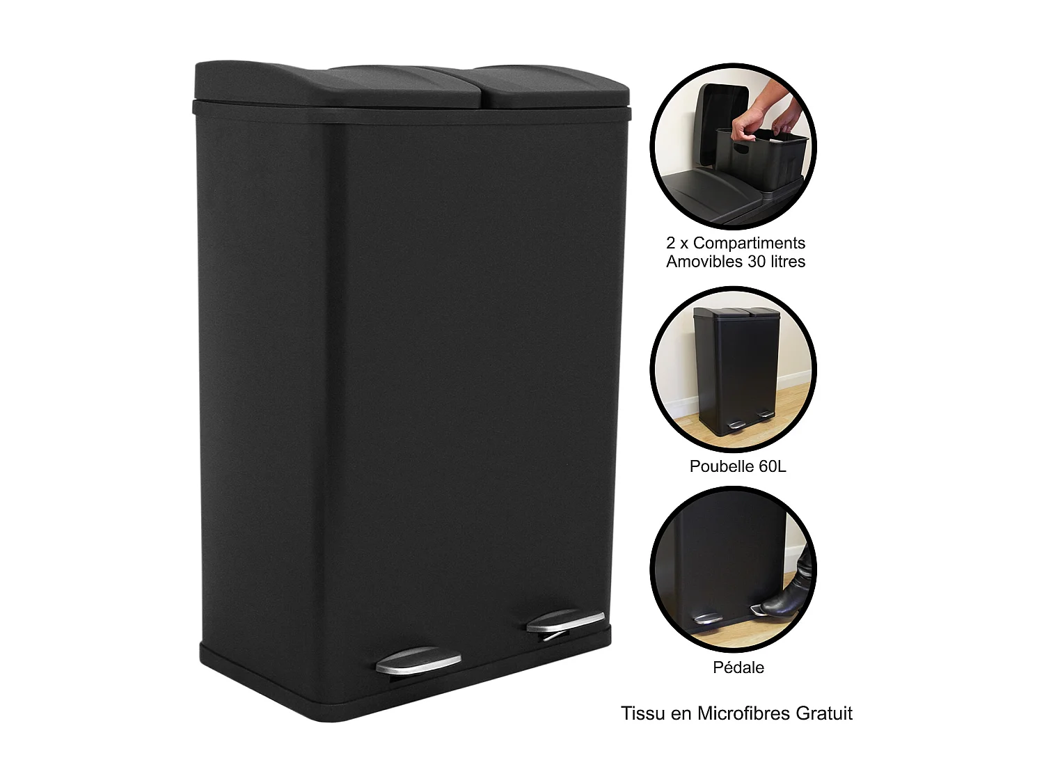 Doppel Tretmülleimer Edelstahl 60 L Mülltrennsystem Mülleimer Papierkorb Abfalleimer Recycling 2 Fächer herausnehmbar Pedal Bin Schwarz