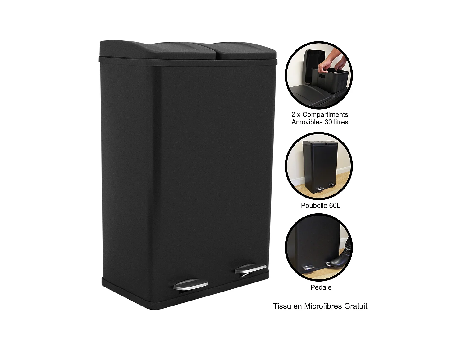 Poubelle de Recyclage 60L Double Noire