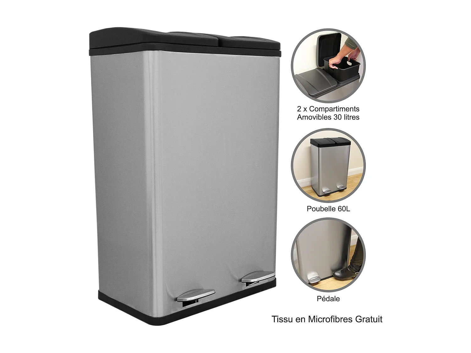 Poubelle de Recyclage 60L Double Acier Inoxydable