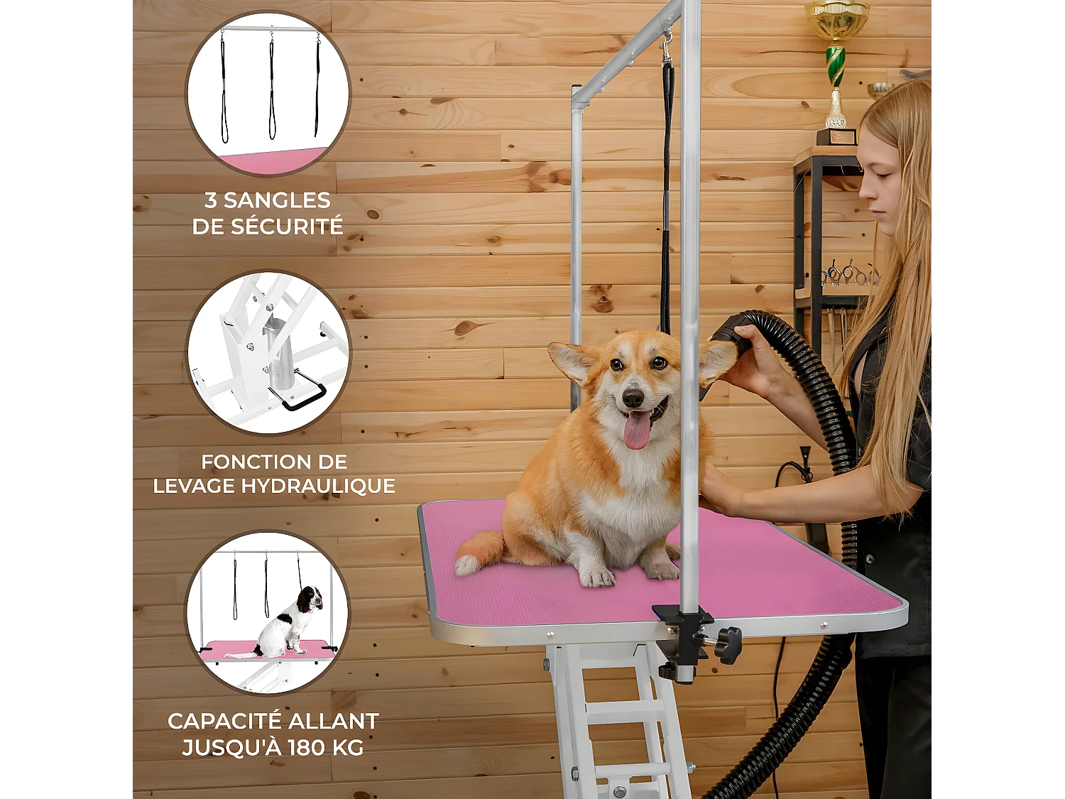 Table Blanche de Toilettage Hydraulique avec Plateau Rose