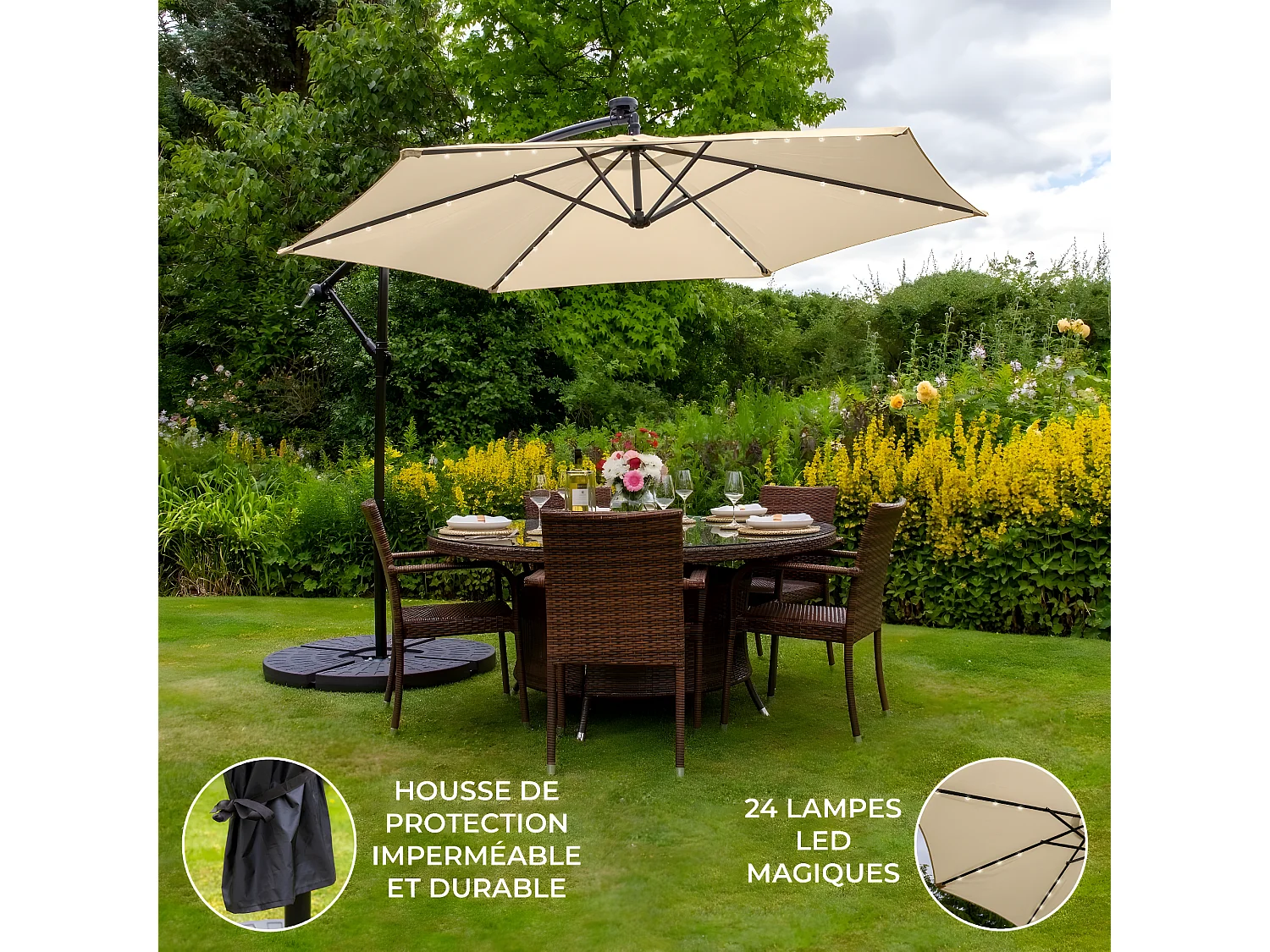 Parasol Beige 3m avec LED's Intégrés avec Base Ronde