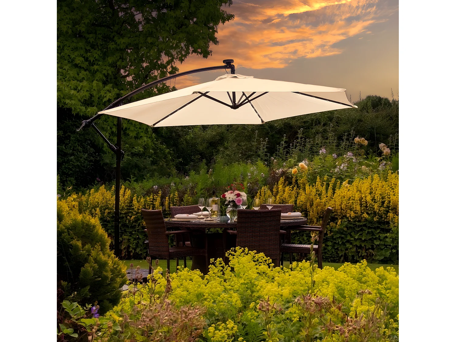 Parasol Beige 3m avec LED's Intégrés avec Base Ronde