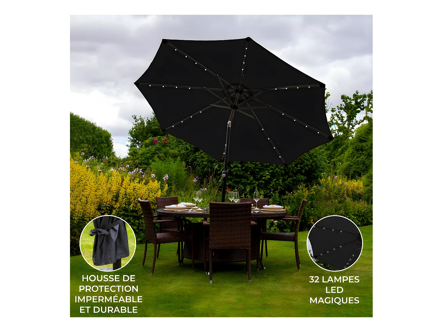 Parasol Noir 270 cm avec 32 LED's Intégrés