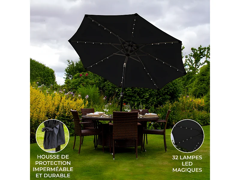 Ombrellone da Giardino Inclinabile con Luci LED Ombrellone con Palo Centrale da Esterno Parasole da Giardino 2.7m con Pannello Solare e 32 LED Installati - Nero