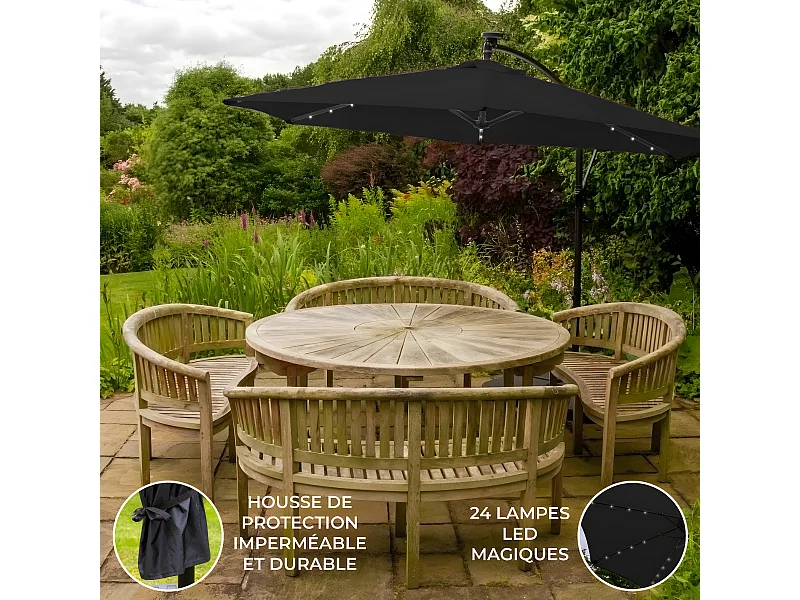 Ombrellone da Giardino Decentrato con Luci LED Ombrellone a Sbalzo da Esterno Parasole da Giardino 3x3m con Pannello Solare e 24 LED Installati - Nero