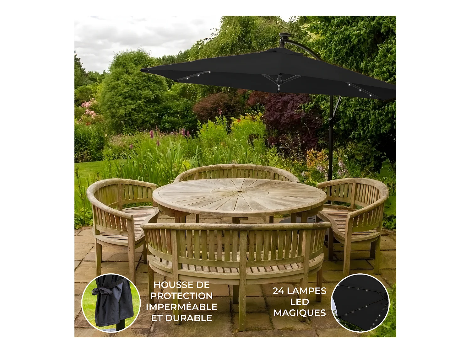 Zweefparasol 3m met LED verlichting - Zwart