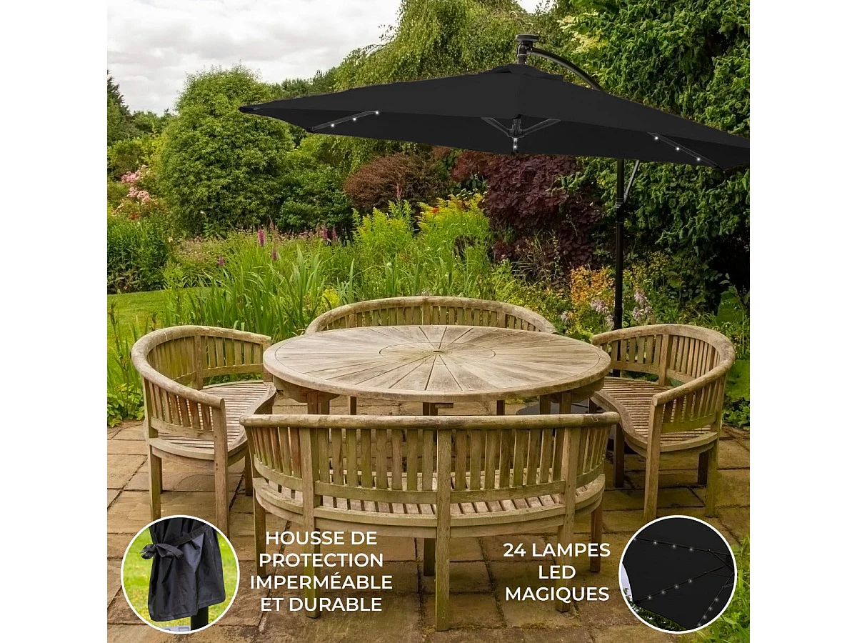 Parasol Noir 3m avec LED's Intégrés