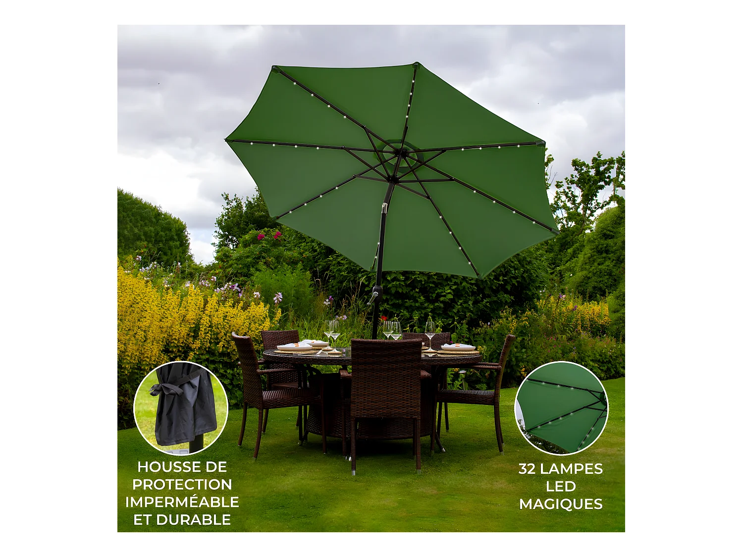 Parasol Vert 270 cm avec 32 LED's Intégrés
