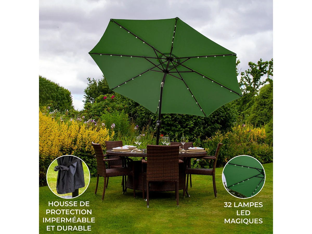 Parasol Vert 270 cm avec 32 LED's Intégrés
