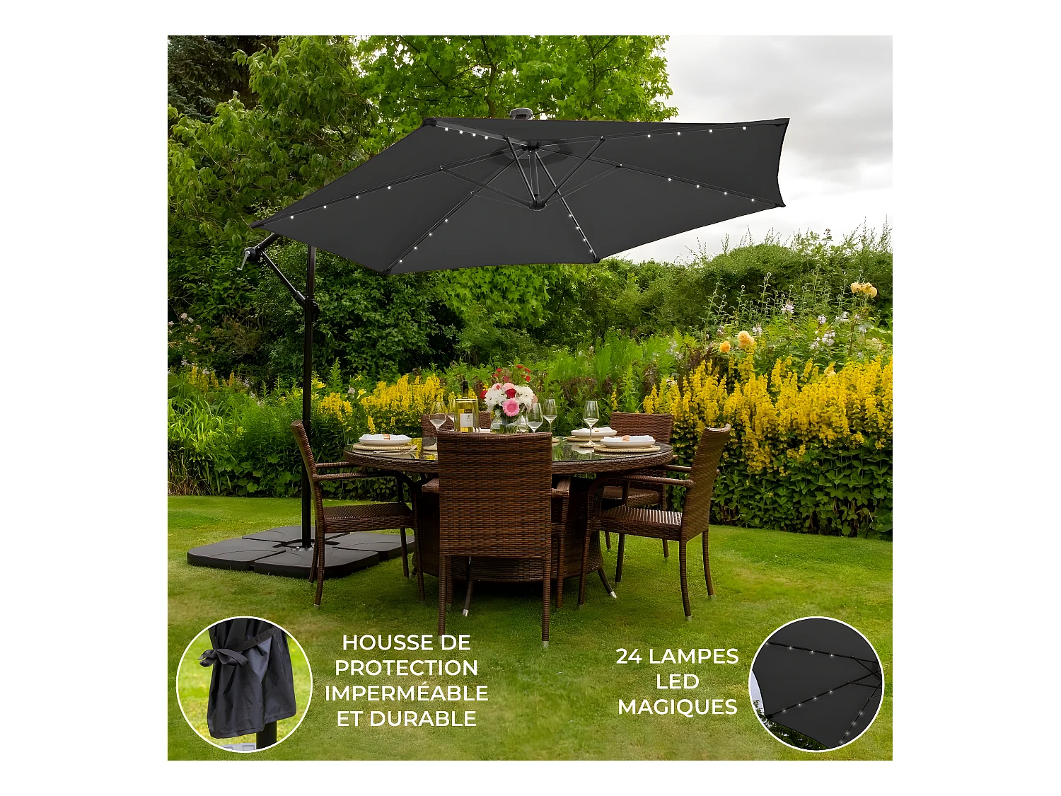 Parasol Gris 3m avec LED's Intégrés avec Base Carrée