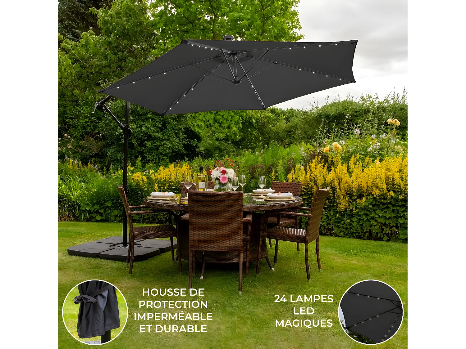 Parasol Gris 3m avec LED's Intégrés avec Base Carrée