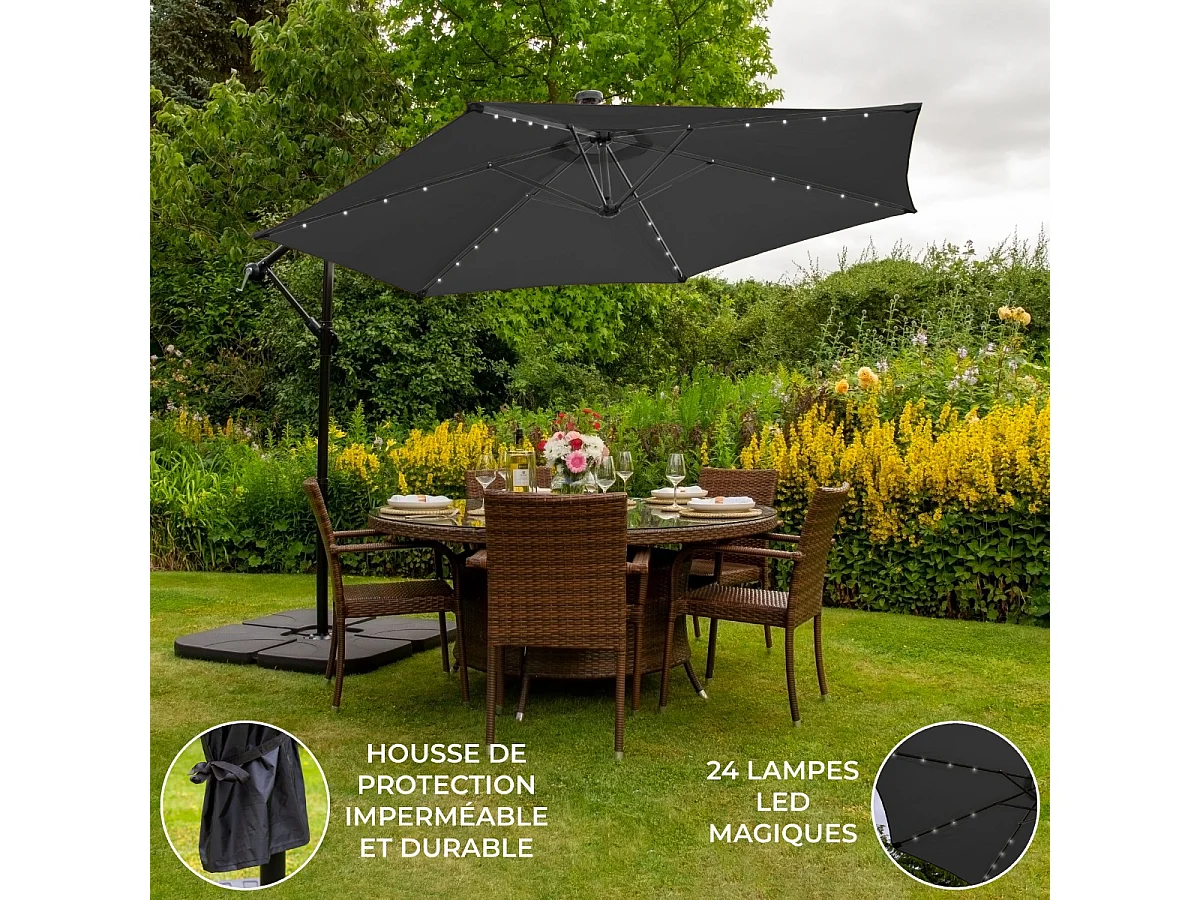 Parasol Gris 3m avec LED's Intégrés avec Base Carrée