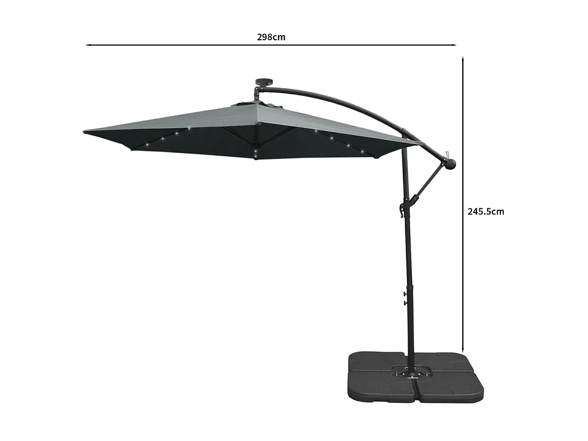 Parasol Gris 3m avec LED's Intégrés avec Base Carrée