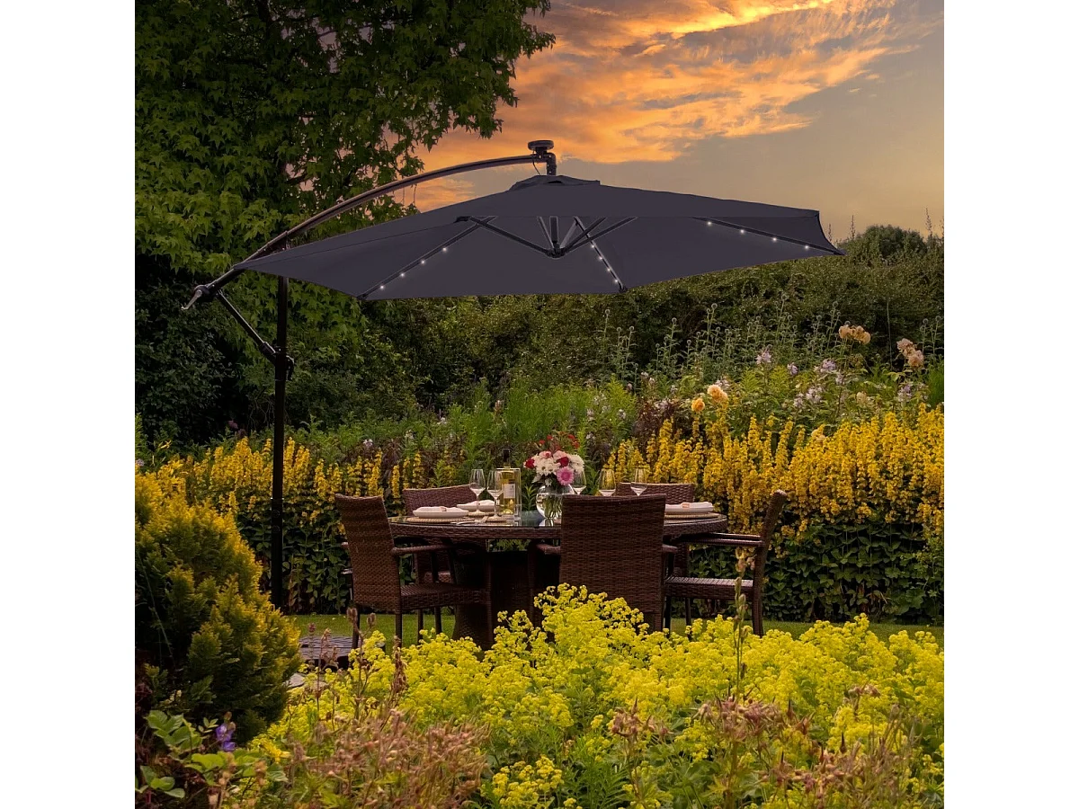 Parasol Gris 3m avec LED's Intégrés avec Base Carrée