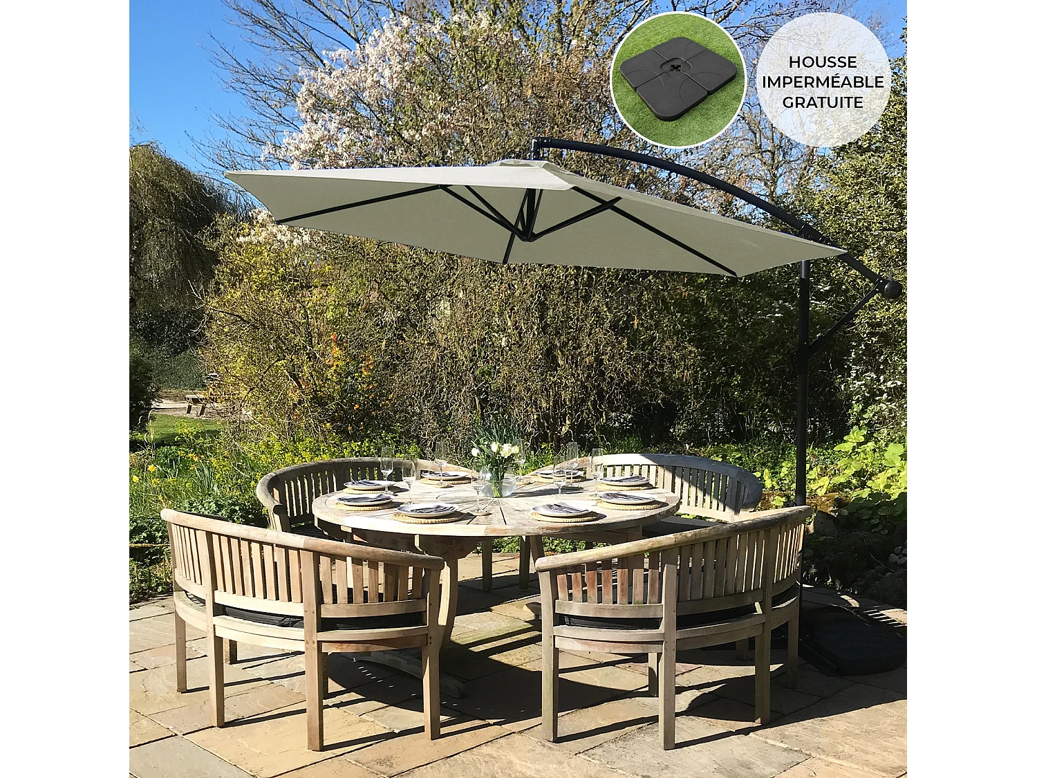 Parasol Cantilever Crème & Base Carrée 3m x 3m x 2.5m