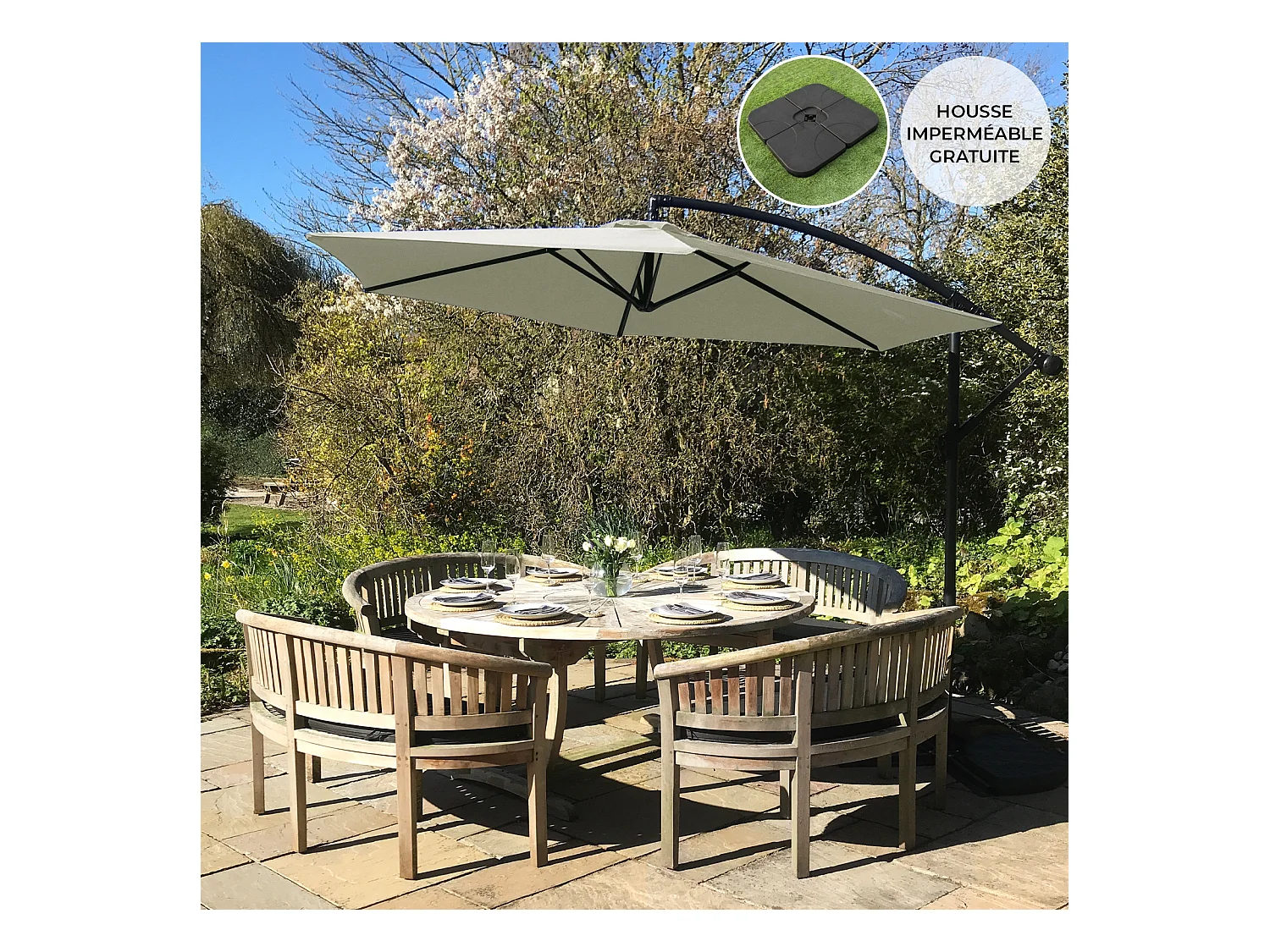 Parasol Cantilever Crème & Base Carrée 3m x 3m x 2.5m