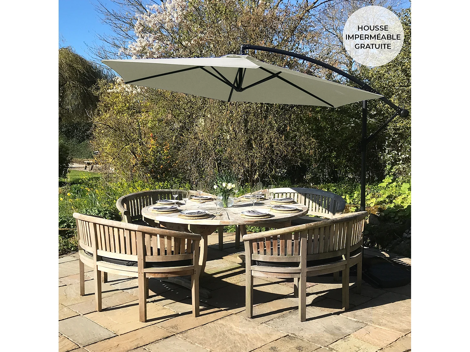 3m freitragender Sonnenschirm Freischwinger Gartenschirm mit Kippfunktion und Hülle im Set Creme