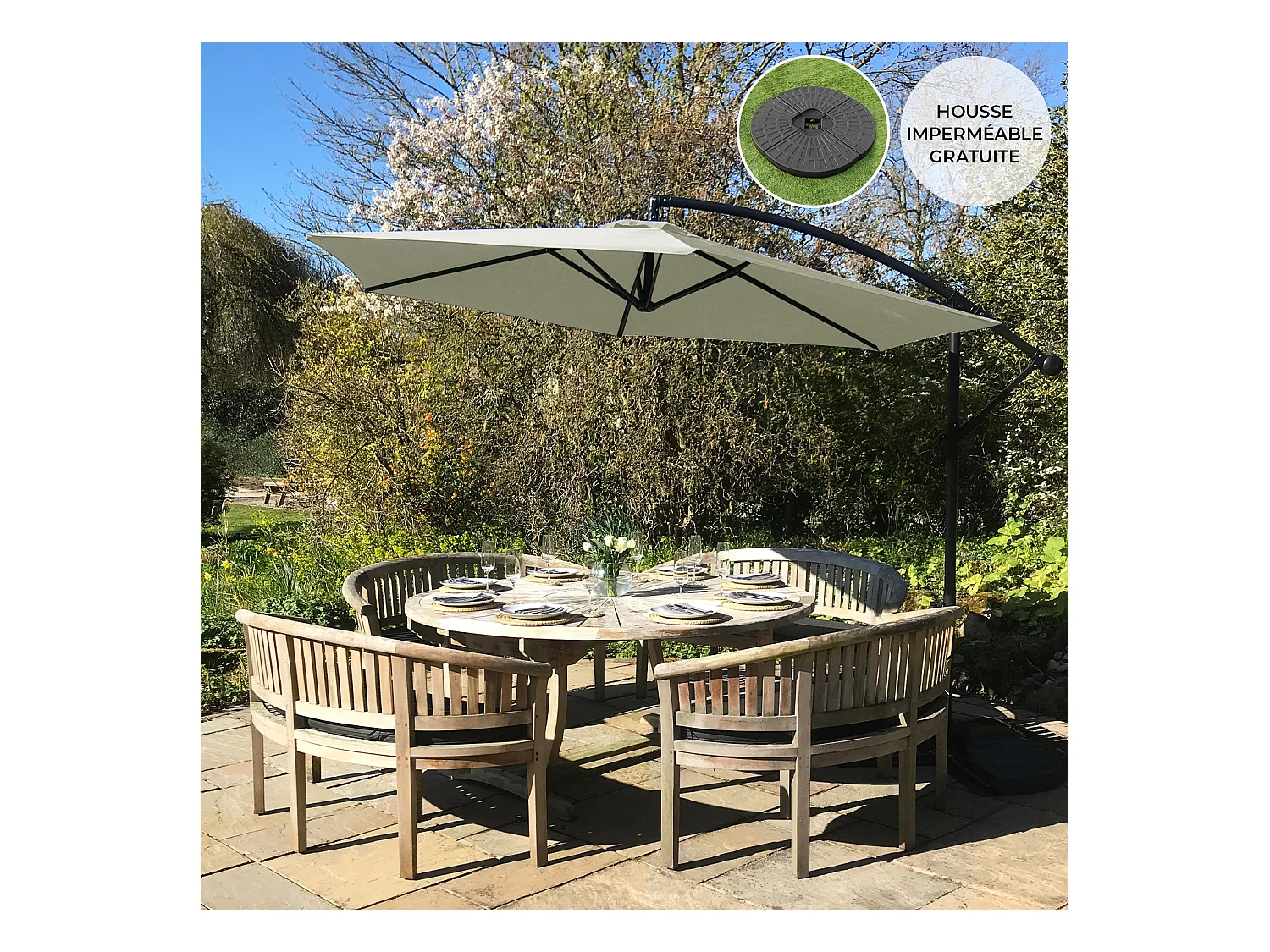 Parasol Cantilever Crème & Base Ronde 3m x 3m x 2.5m