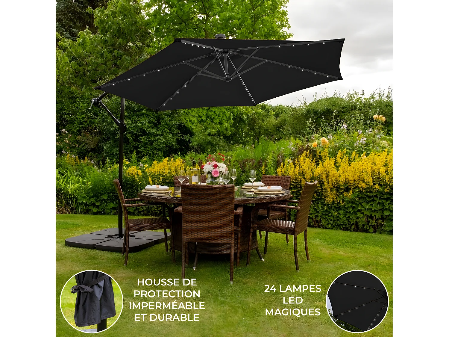 Zwarte 3m LED Zweefparasol met een eenvoudige voet