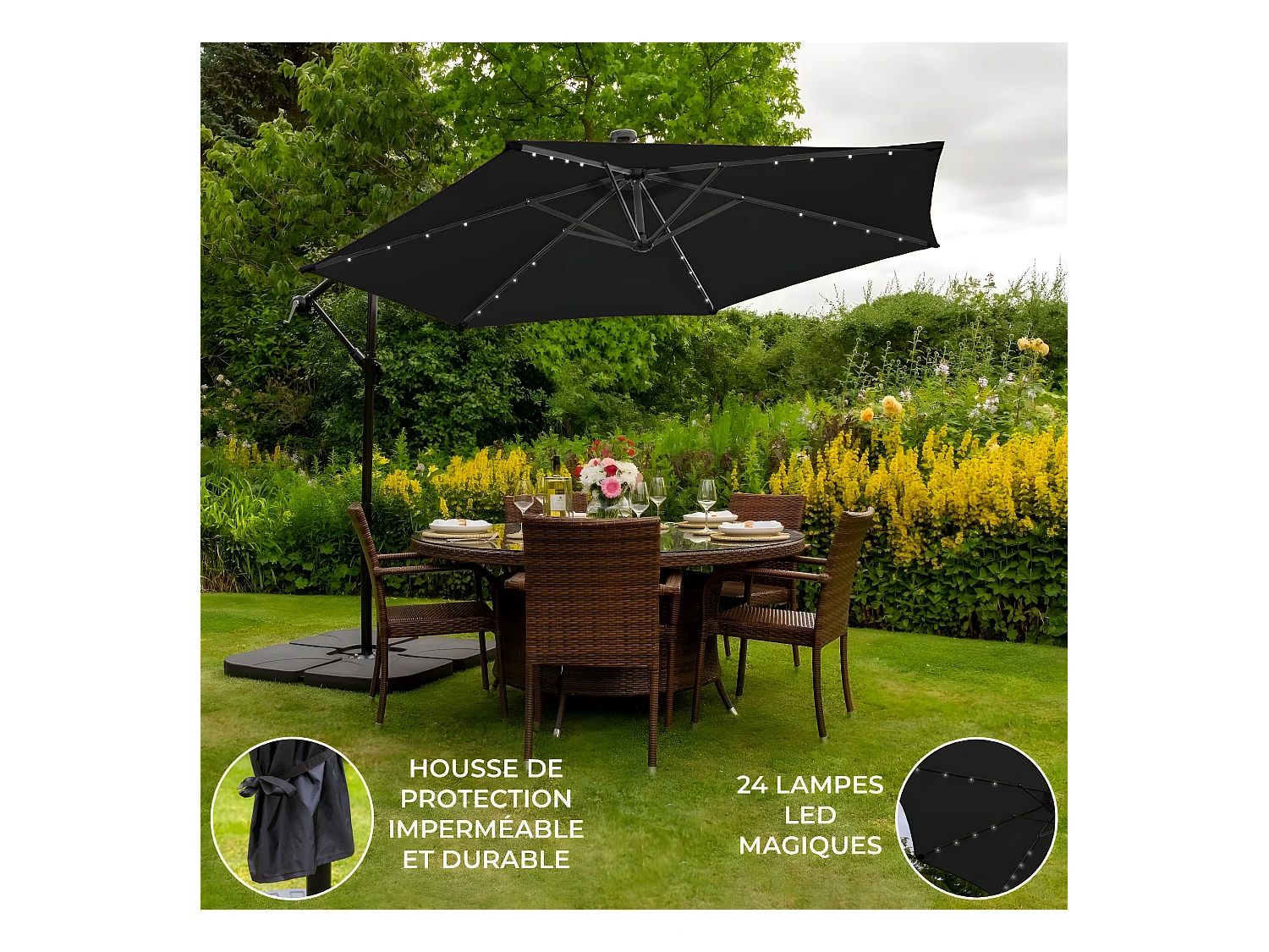 Parasol Noir 3m avec LED's Intégrés avec Base Carrée