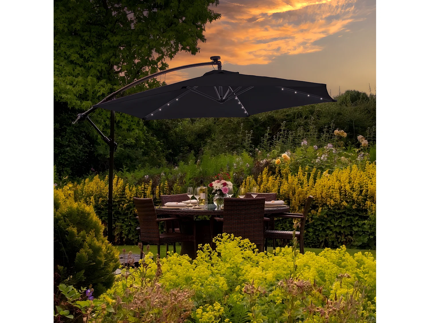 Parasol Noir 3m avec LED's Intégrés avec Base Carrée