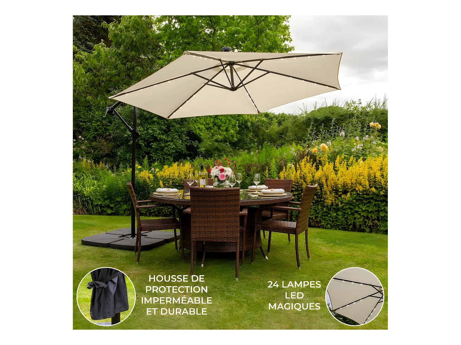 CrÃ¨me 3m LED Zweefparasol met een eenvoudige voet