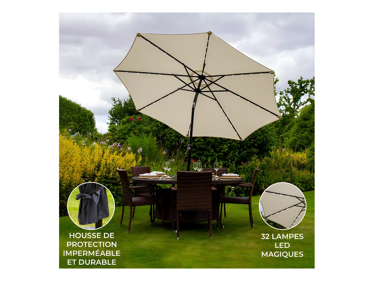 LED Parasol met Kantelfuntie 270 cm - CrÃ¨me