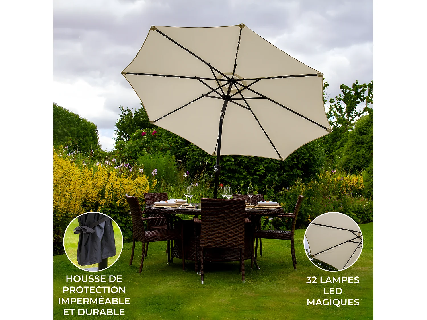 Parasol Crème 270 cm avec 32 LED's Intégrés