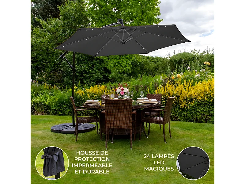 Parasol Gris 3m avec LED's Intégrés avec Base Ronde