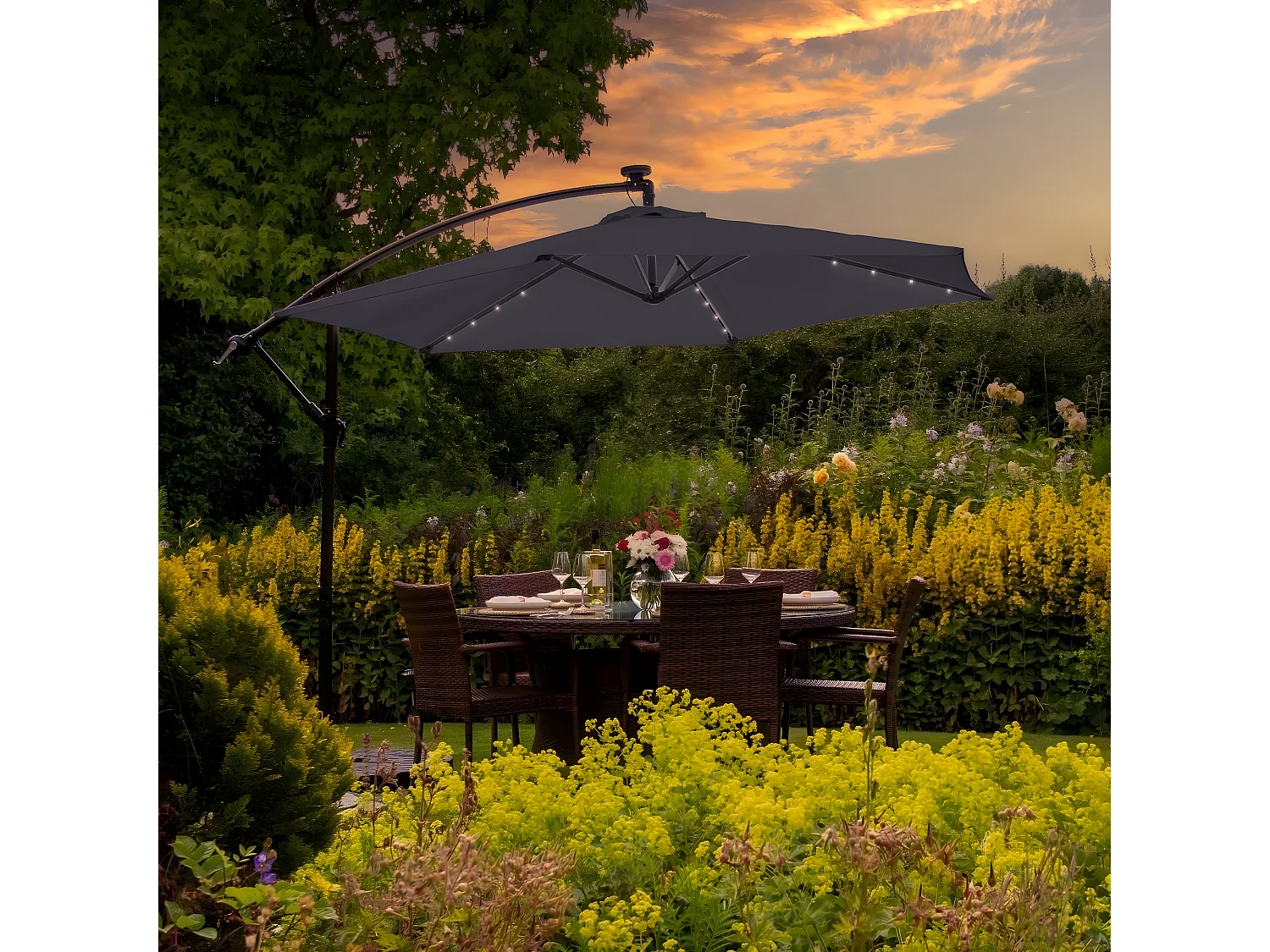 Parasol Gris 3m avec LED's Intégrés avec Base Ronde