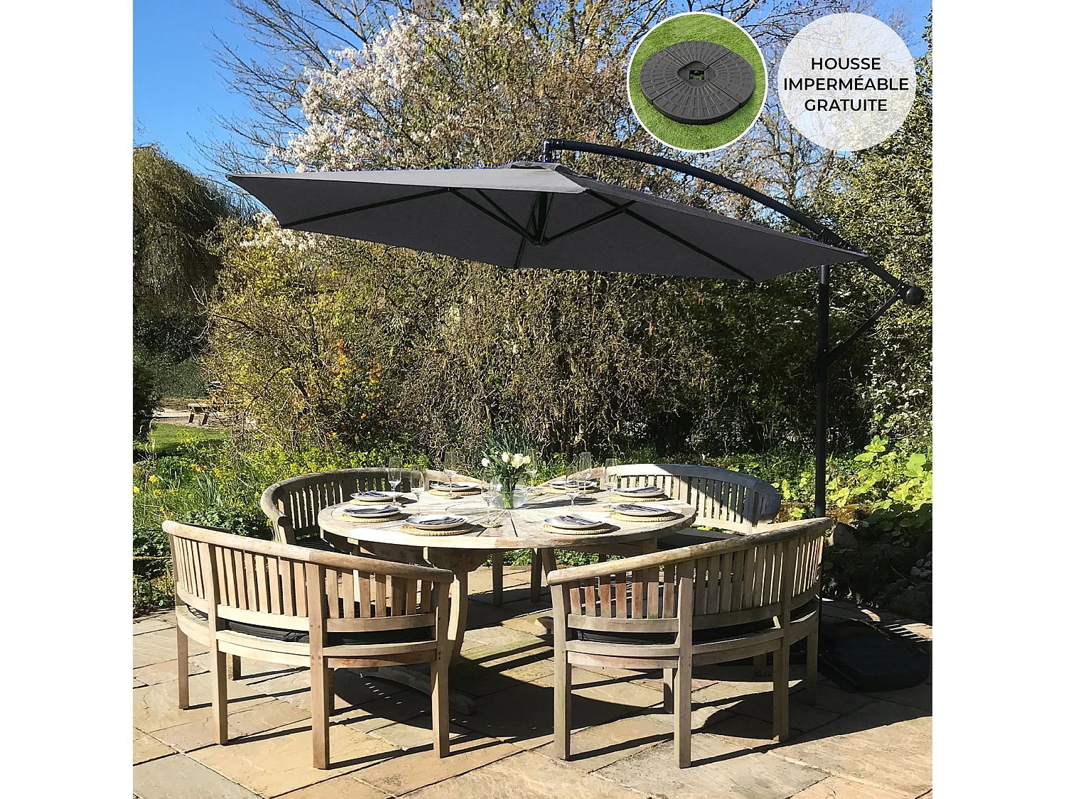 Parasol Cantilever Gris & Base Ronde 3m x 3m x 2.5m