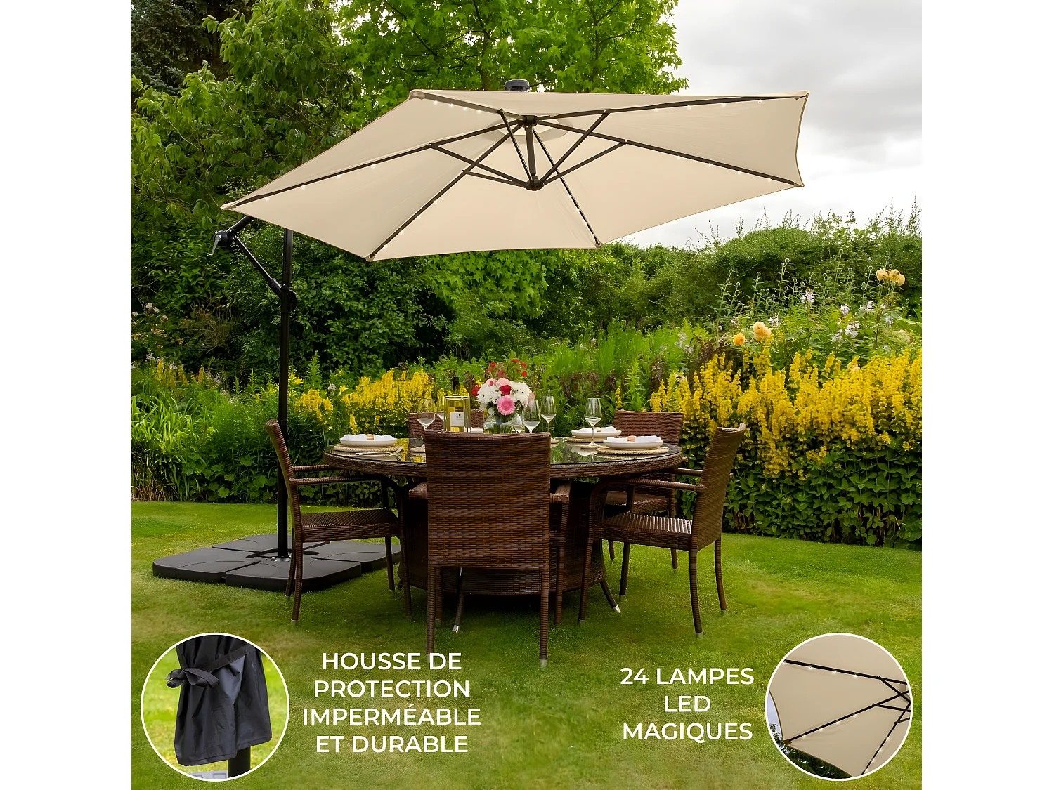Beige 3m LED Zweefparasol met een eenvoudige voet