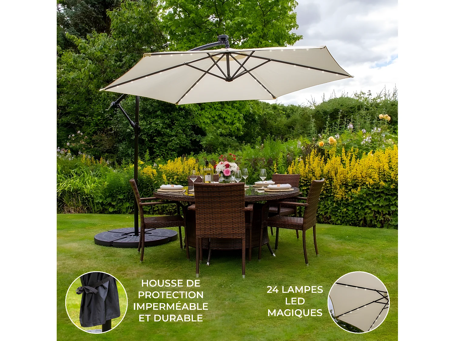 Parasol Crème 3m avec LED's Intégrés avec Base Ronde