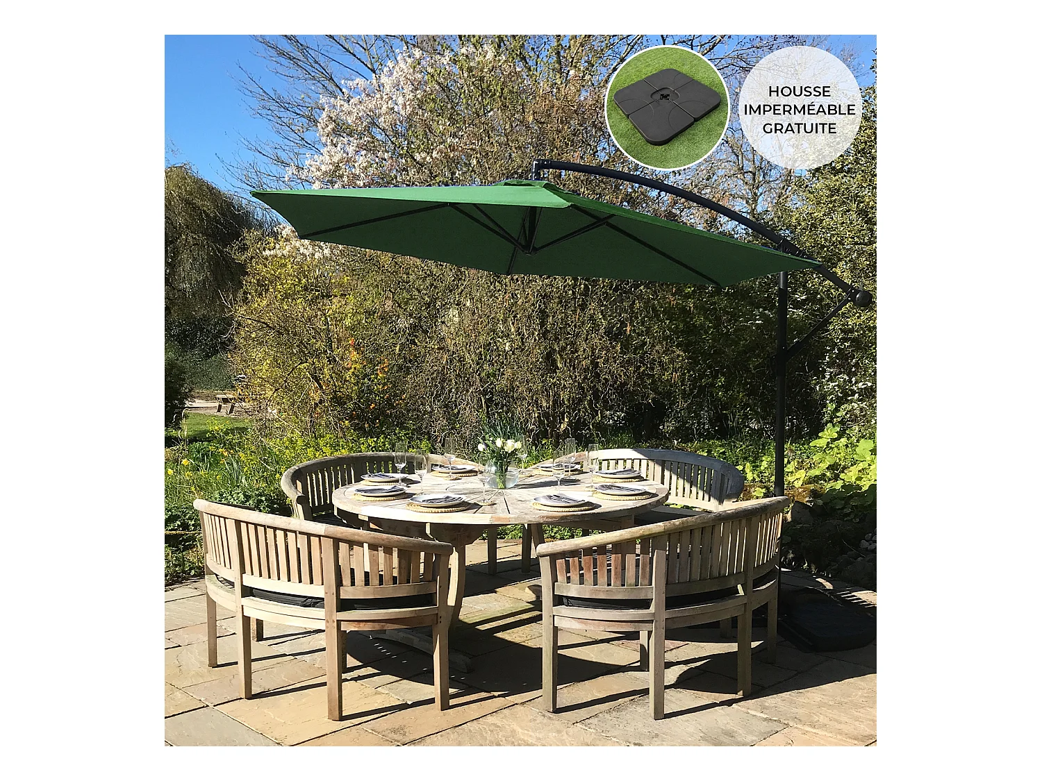 Zweefparasol + Vierkante Basis - Groen