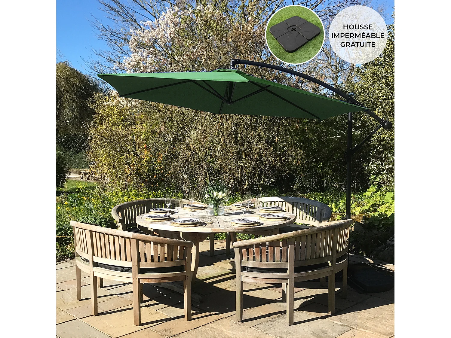 Zweefparasol + Vierkante Basis - Groen