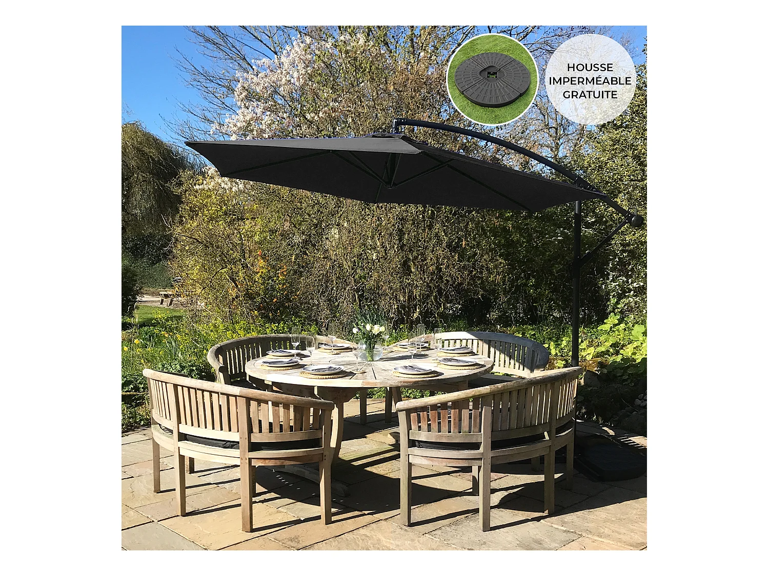 Parasol Cantilever Noir & Base Ronde 3m x 3m x 2.5m