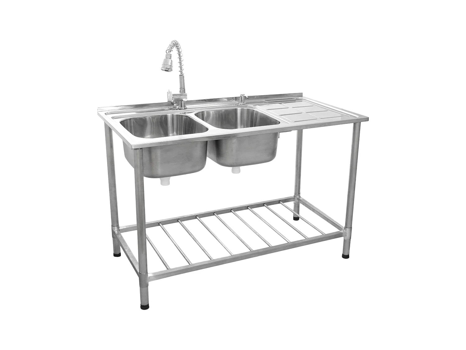 KuKoo Evier Professionnel /Plonge Inox sur Pied à Doubles Bacs – Egouttoir à Droite