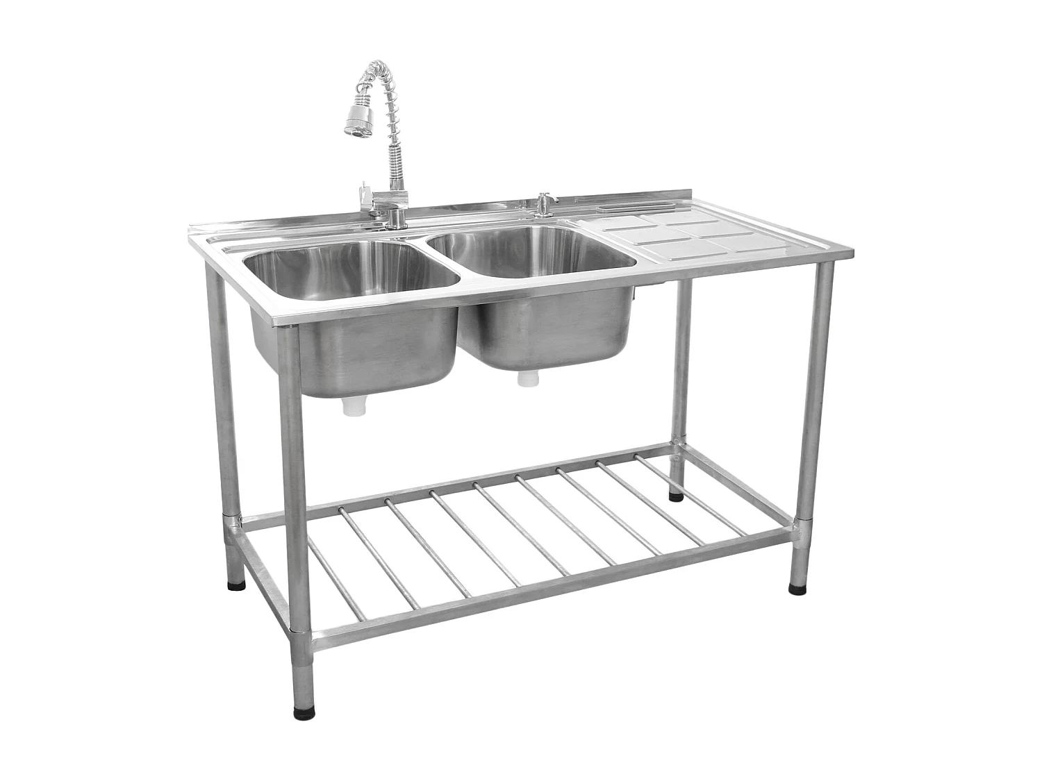 KuKoo Evier Professionnel /Plonge Inox sur Pied à Doubles Bacs – Egouttoir à Droite