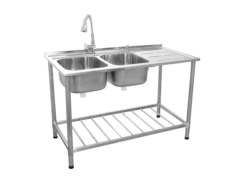 KuKoo - Lavandino Commerciale per Catering con Vasca Doppia e Sgocciolatoio sulla Destra in Acciaio Inossidabile con Rubinetto e Dosatore di Sapone